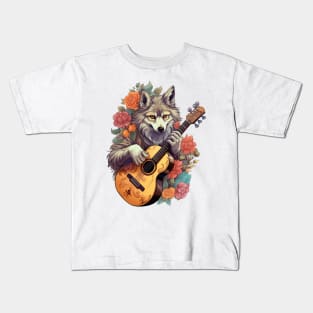 Grey Wolf Playing Guitar Floral Kids T-Shirt